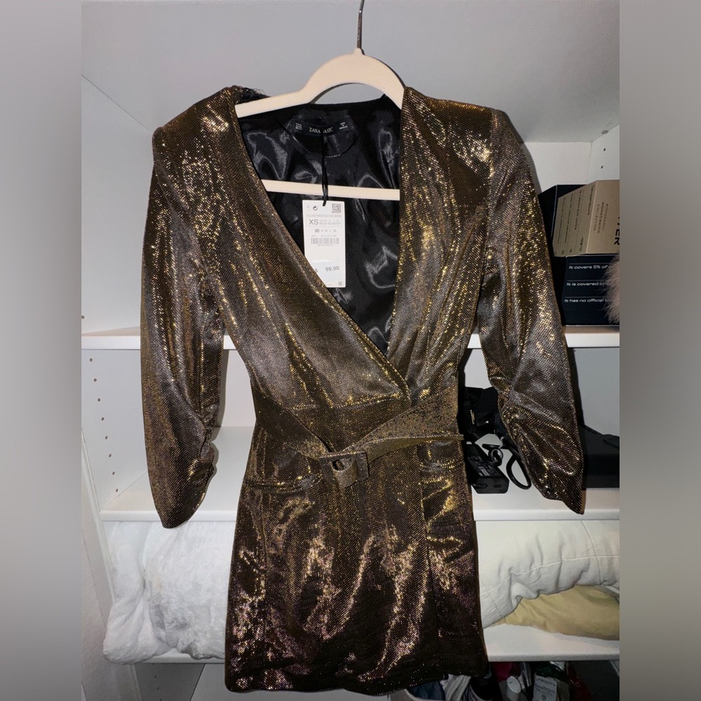 Zara gold metallic mini shirt dress with belt and small shoulder pads